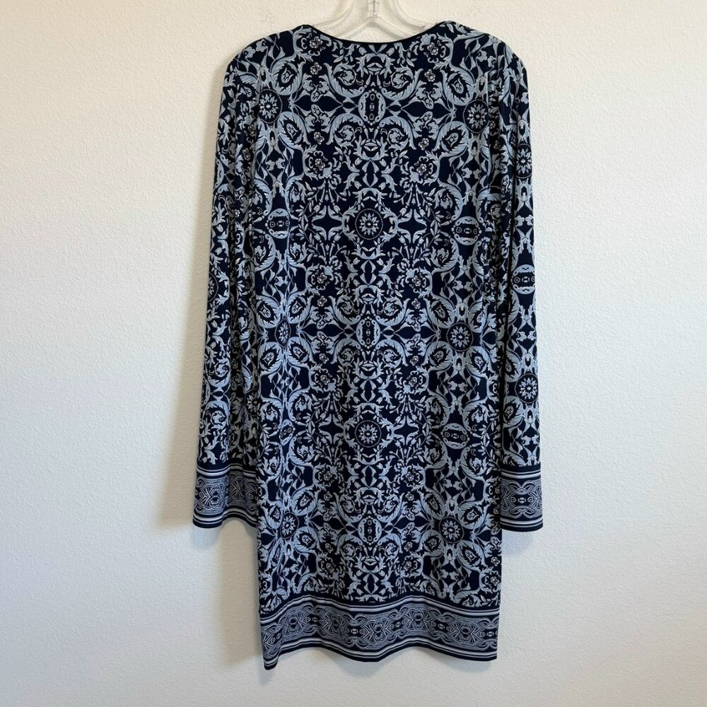 WHBM Long Sleeve Embroidered V-Neck Stretch Blue/White Geo Floral Dress Size M. - Picture 2 of 8